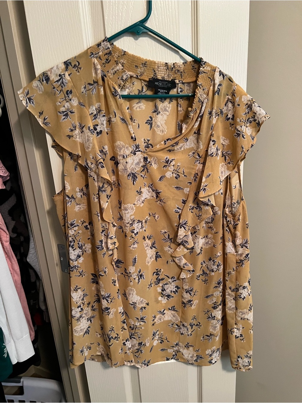 Michel Studio Mustard Yellow Floral Ruffle Sleeve Blouse